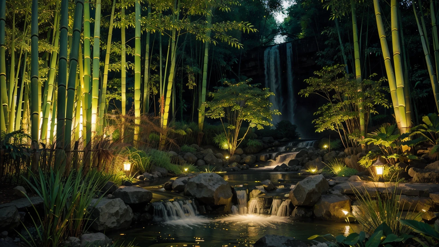 Green bamboo tree, other worldly landscape, vivid colors low saturation, detailed plants, vast waterfall, flowers. twilight. fireflies.