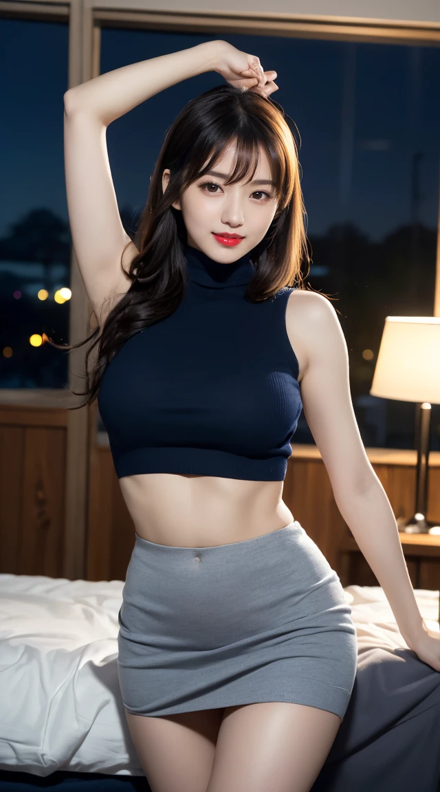 ((midynight, Acura, 8K, tmasterpiece: 1.3)), full bodyesbian, long leges, Focalors: 1.2, perfect figure beautiful woman: 1.4, Slim abs: 1.1, (dark brown hair,: 1.2 )), (Light blue skinny crop top T-shirt, short skirt,sitting on a stool: 1.2), (city night scene, the roof: 1.3)), Highly Detailed Face and Skin Textur, detailedeyes, 二重まぶた,