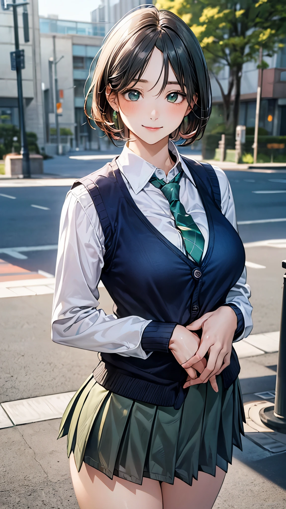 (masterpiece:1.2, top-quality), (realistic, photorealistic:1.4), beautiful illustration, (natural side lighting, movie lighting), 
looking at viewer, cowboy shot, front view:0.6, 1 girl, japanese, high school girl, perfect face, cute and symmetrical face, shiny skin, 
(short hair:1.7, straight hair:1.5, sidelocks, black hair), parted bangs, emerald green eyes, long eye lasher, (large breasts:0.8, thick thighs), 
beautiful hair, beautiful face, beautiful detailed eyes, beautiful clavicle, beautiful body, beautiful chest, beautiful thigh, beautiful legs, beautiful fingers, 
((white long sleeve collared shirts, grey pleated mini skirt, navy socks, brown loafers, dark green tie, black cardigan vest)), pink panties, 
(beautiful scenery), evening, riverside, walking, hands on chest, (lovely smile, upper eyes), 