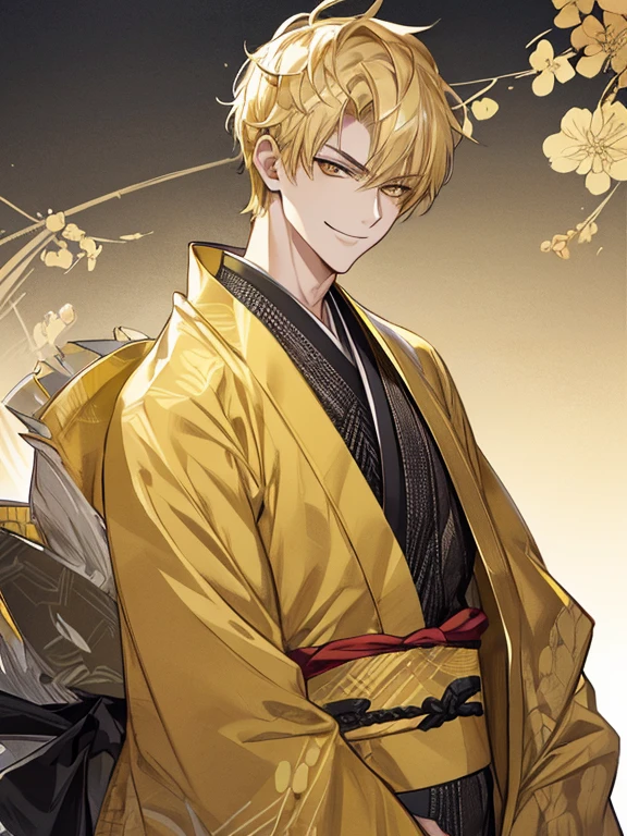 extremely detailed, 1 man, solo, perfect face, pretty face, highly detailed face，yellow short hair, yellow eyebrows、Handsome man with expressive eyes, smiling, yellow eyes、(((kimono)))、Huangze Ryota