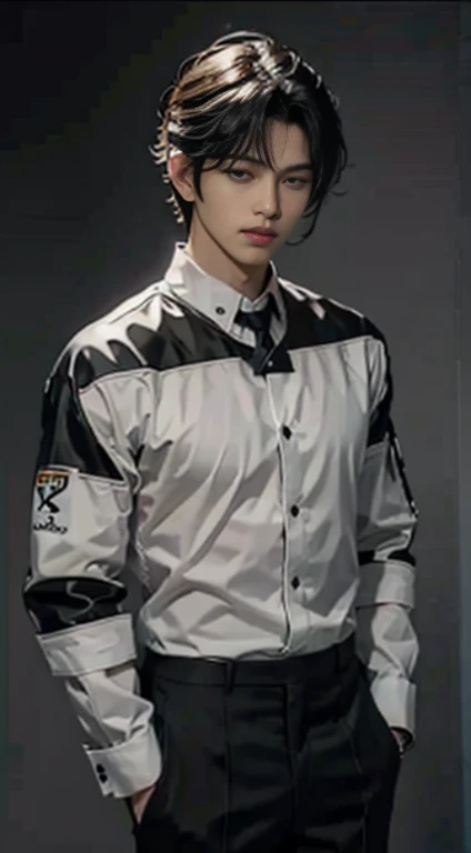 ((high quality)), ((masterpiece)), 8k, a man，26 years old，Handsome，a profound and charming face，Perfect body，golden ratio，Wearing black suit shirt，The neckline is open，Black pants，wear a watch，Lean on the front of the sports car，Handsome，Cold，noble，Big handsome guy