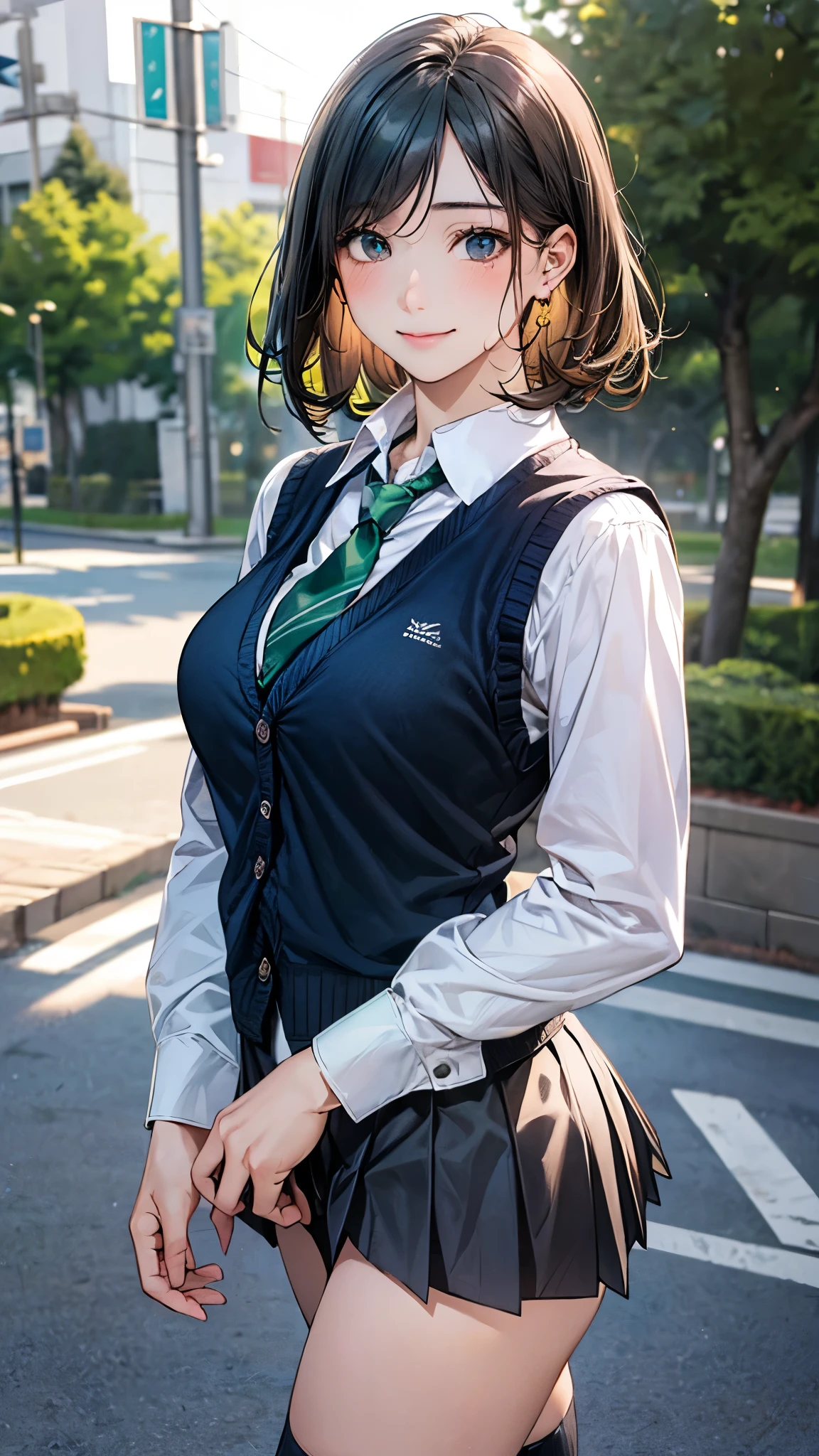 (masterpiece:1.2, top-quality), (realistic, photorealistic:1.4), beautiful illustration, (natural side lighting, movie lighting),
looking at viewer, cowboy shot, front view:0.6, 1 girl, japanese, high school girl, perfect face, cute and symmetrical face, shiny skin,
(short hair:1.7, straight hair:1.5, sidelocks, black hair), parted bangs, emerald green eyes, long eye lasher, (large breasts:0.8, thick thighs),
beautiful hair, beautiful face, beautiful detailed eyes, beautiful clavicle, beautiful body, beautiful chest, beautiful thigh, beautiful legs, beautiful fingers,
((white long sleeve collared shirts, grey pleated mini skirt, navy socks, brown loafers, dark green tie, black cardigan vest)), pink panties,
(beautiful scenery), evening, riverside, walking, hands on chest, (lovely smile, upper eyes),