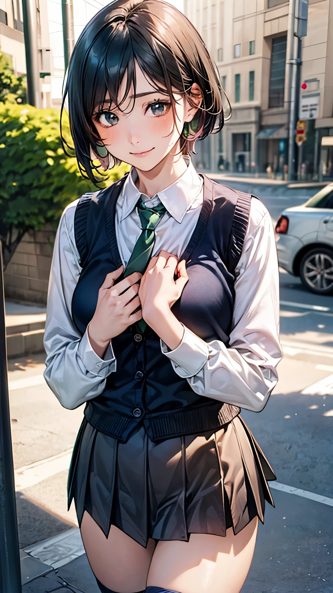 (masterpiece:1.2, top-quality), (realistic, photorealistic:1.4), beautiful illustration, (natural side lighting, movie lighting),
looking at viewer, cowboy shot, front view:0.6, 1 girl, japanese, high school girl, perfect face, cute and symmetrical face, shiny skin,
(short hair:1.7, straight hair:1.5, sidelocks, black hair), parted bangs, emerald green eyes, long eye lasher, (large breasts:0.8, thick thighs),
beautiful hair, beautiful face, beautiful detailed eyes, beautiful clavicle, beautiful body, beautiful chest, beautiful thigh, beautiful legs, beautiful fingers,
((white long sleeve collared shirts, grey pleated mini skirt, navy socks, brown loafers, dark green tie, black cardigan vest)), pink panties,
(beautiful scenery), evening, riverside, walking, hands on chest, (lovely smile, upper eyes),
