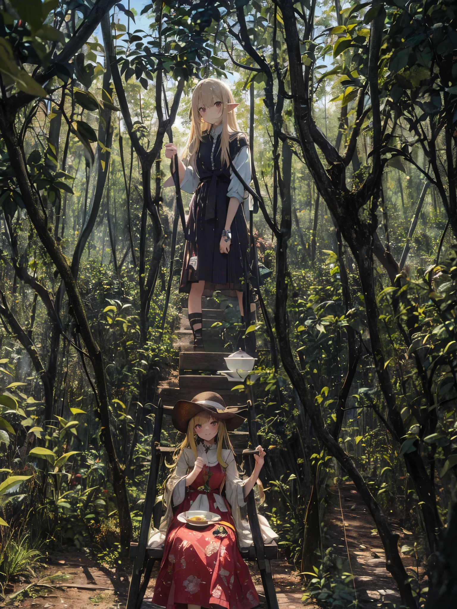 goblin, multiple girls,beautiful face, smile, red eyes, sitting,red dress, green hair, looking at the viewer, blonde long hair,gold eyes,shirt, skirt, window,Tea picking、harvest、おTea picking、collection