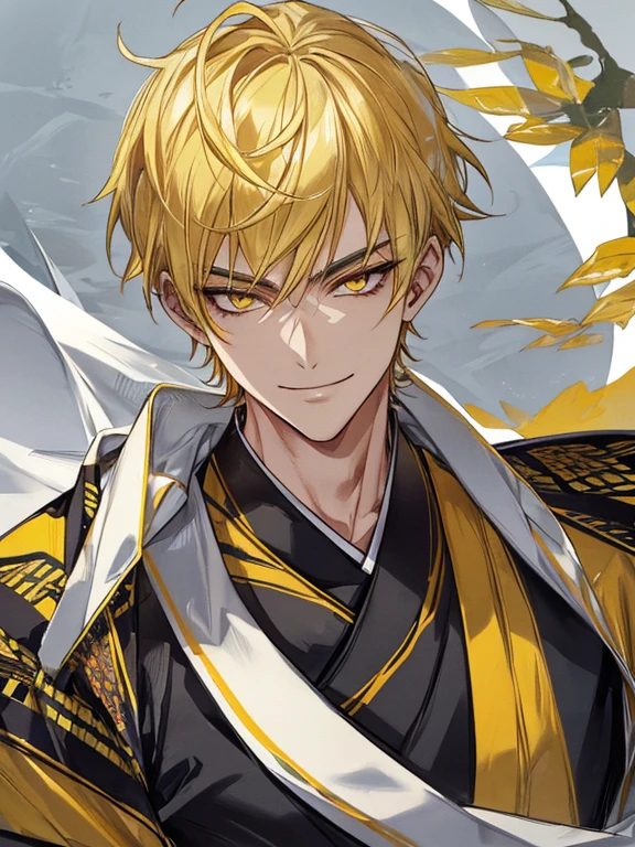 extremely detailed, 1 man, solo, perfect face, pretty face, highly detailed face，yellow short hair, yellow eyebrows、Handsome man with expressive eyes, smiling, yellow eyes、(((kimono)))、Huangze Ryota、(muste piece), (best quality)