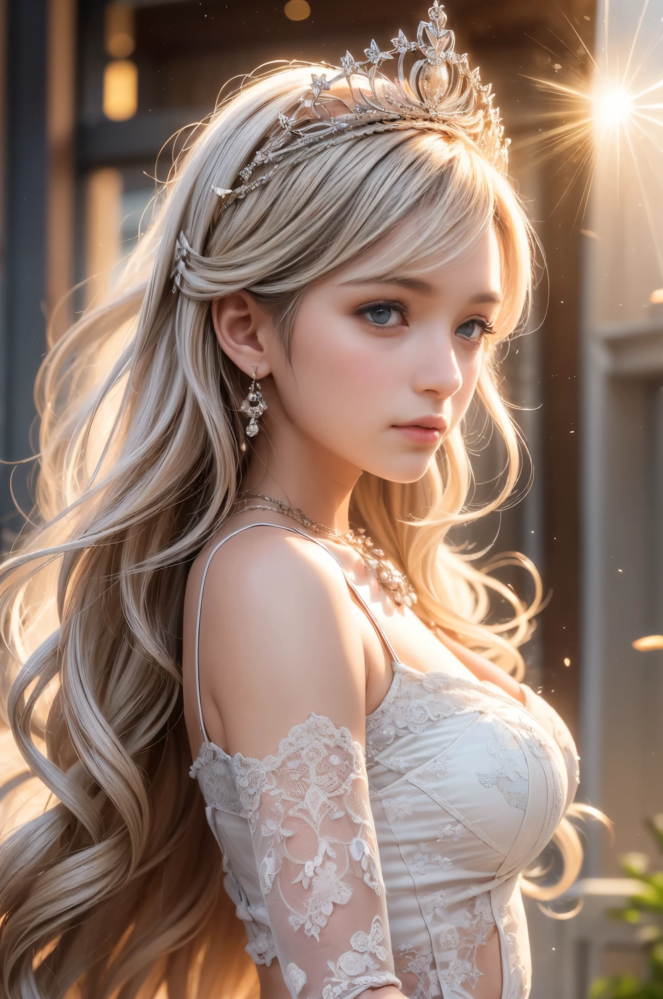 ((RAW shooting:1.5, realistic:1.5, 8K, highest quality, masterpiece, ultra high resolution)), Inside the luxurious British Royal Palace, professional camera work:1.3, Highly detailed skin and facial textures:1.3, glow light effect, Super detailed:1.3, cute 15 year old british princess, Fair skin, Glossy skin, (elegant:1.4, small face), Ultimate Cute Face:1.5, (cute eyes:0.9, looking far away), smile:1.0, (mouth slightly open:0.4, Cute mouth:0.7), double eyelid, ((super long white blonde curly hair)), tiara, necklace and earrings, ((elegantで光沢のあるサテンのプリンセスドレスをオフショルダーで正しく着こなす方法)), big breasts, cowboy shot, ((sunrise, sunlight shining from behind:1.6, Strong sunlight spreads across the screen:1.6)), ((Strong sunlight shines on a woman:1.7))