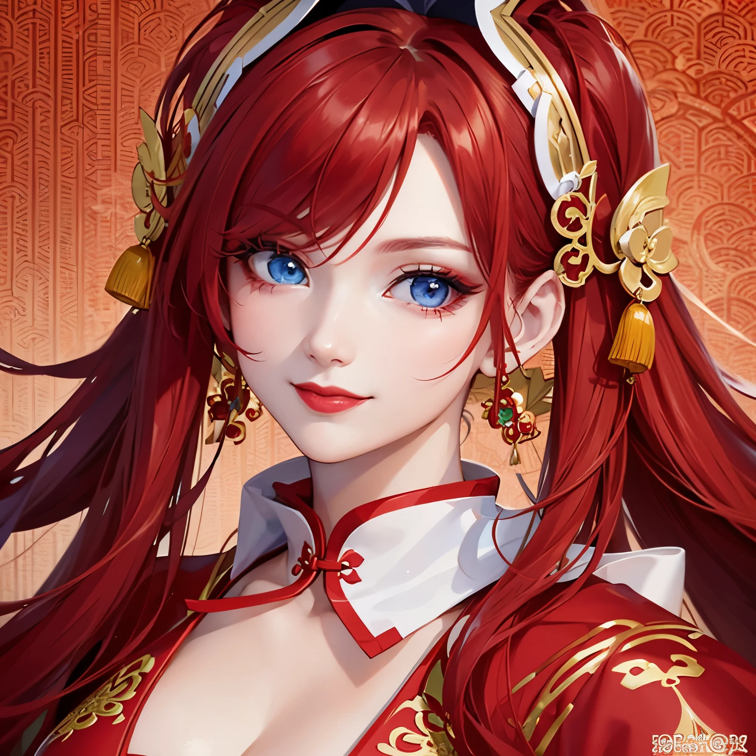 Woman with red hair, blue eyes, red lipstick, red nails, wearing a cheongsam, smiling, Chinese New Year background. have a perfect face Up to 8k resolution, clear details A masterpiece is the ultimate art.