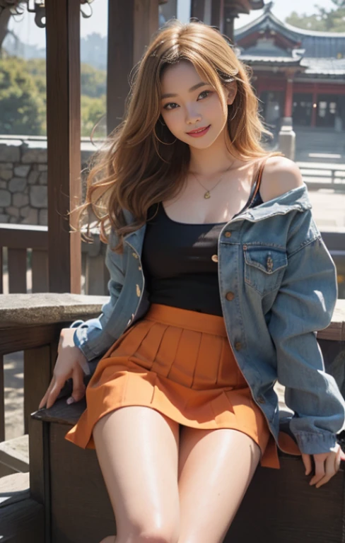 highest quality、masterpiece、ultra high resolution、Photoreal、RAW photo、1 girl、sexy look、hair on shoulders、The lower half is curled and sauvage、cute smile like a model、frontage、Hair color is blonde、Orange Tight Mini Skirt、Ordinary high heels、eyes are double、wear mascara、Cute pose like a model、cute face、Gorgeous like a model、ultimate beauty、cute smile、bright smile、Masseter muscle part、highest quality、Clothes suitable for winter、trendy down jacket、The scenery in the background is Dazaifu Tenmangu Shrine.、