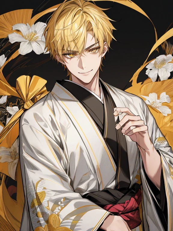 extremely detailed, 1 man, solo, perfect face, pretty face, highly detailed face，yellow short hair, yellow eyebrows、Handsome man with expressive eyes, smiling, yellow eyes、(((kimono)))、Huangze Ryota、(muste piece), (best quality)
