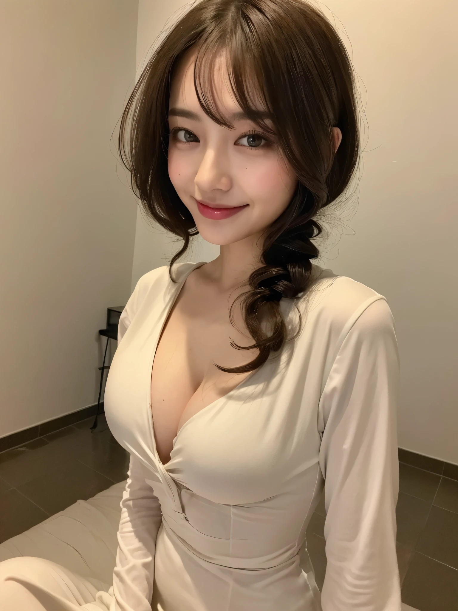 ((Best Quality, 8K, Masterpiece: 1.3)), 1girl, Slim Abs Beauty: 1.3, (Hairstyle Casual, Leaky Big Breasts: 1.2), Dress: 1.1, Super Fine Face, Delicate Eyes, Double Eyelids, Smile, Home