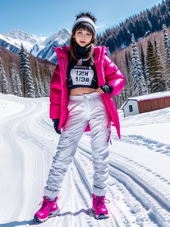 very detailed、masterpiece、Ski Resort Background、a woman in a (white down vest at northface):1.4, white puffer vest and black pants posing for a picture, model is wearing techtical vest, sportswear, sportswear, かわいいsportswear, nanocarbon-vest, white!!, white coat, tech wear women pictures, 2 techwear women, catalog photo, stylish coat for rave, full body photo, future inflatable jacket, Miko, Kim Woo