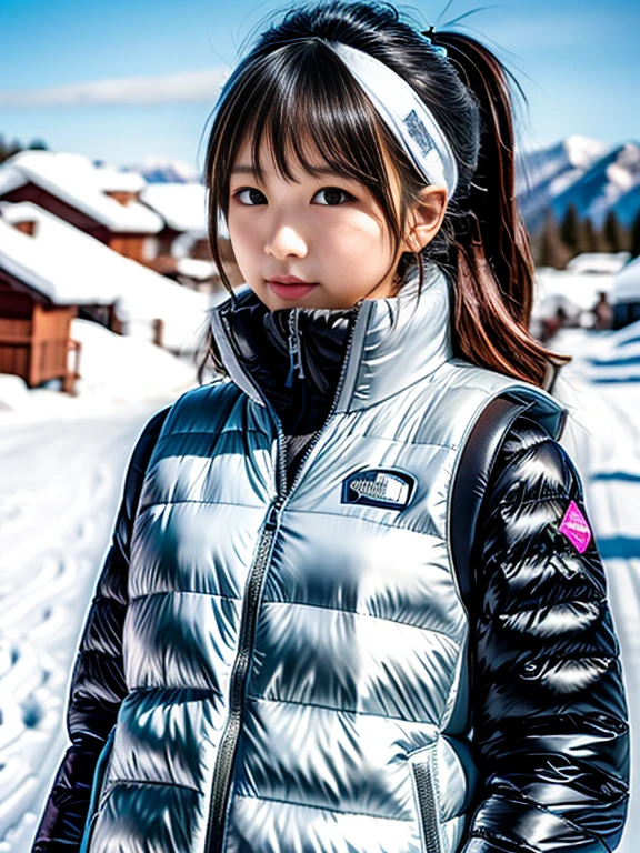 very detailed、masterpiece、Ski Resort Background、a woman in a (white down vest at northface):1.4, white puffer vest and black pants posing for a picture, model is wearing techtical vest, sportswear, sportswear, かわいいsportswear, nanocarbon-vest, white!!, white coat, tech wear women pictures, 2 techwear women, catalog photo, stylish coat for rave, full body photo, future inflatable jacket, Miko, Kim Woo