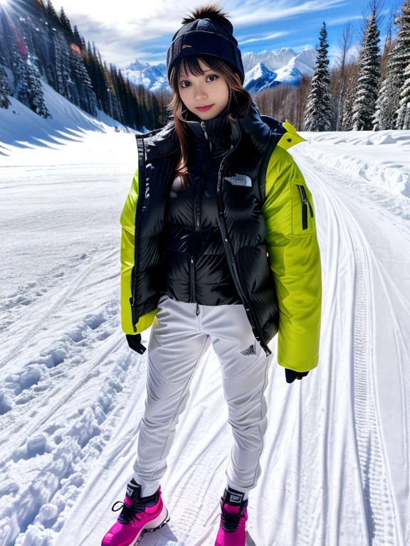 very detailed、masterpiece、Ski Resort Background、a woman in a (white down vest at northface):1.3, white jacket and black pants posing for a picture, model is wearing techtical vest, sportswear, sportswear, かわいいsportswear, nanocarbon-vest, white!!, white coat, tech wear women pictures, 2 techwear women, catalog photo, stylish coat for rave, full body photo, future inflatable jacket, Miko, Kim Woo