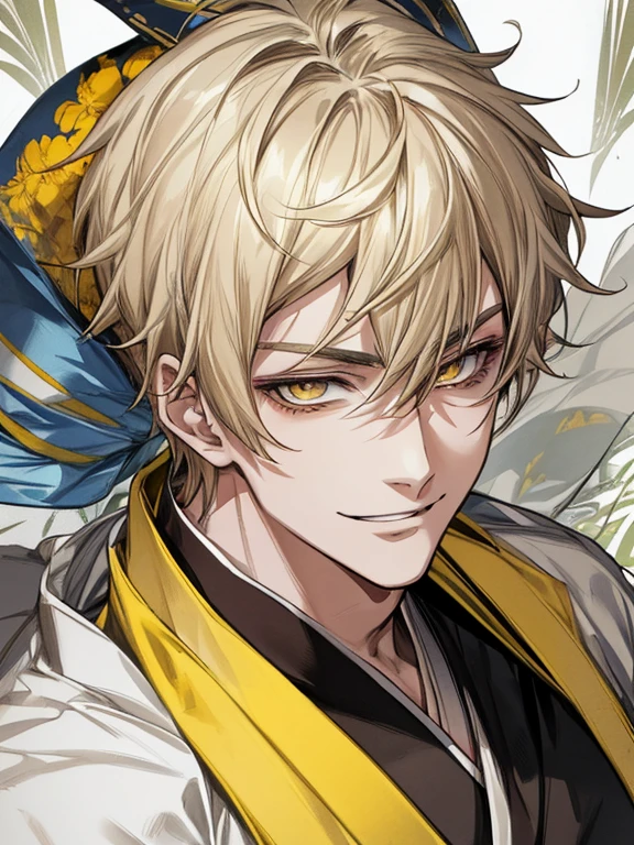 extremely detailed, 1 man, solo, perfect face, pretty face, highly detailed face，yellow short hair, yellow eyebrows、Handsome man with expressive eyes, smiling, yellow eyes、(((kimono)))、Huangze Ryota、(muste piece), (best quality)