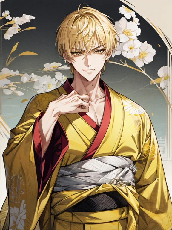 extremely detailed, 1 man, solo, perfect face, pretty face, highly detailed face，yellow short hair, yellow eyebrows、Handsome man with expressive eyes, smiling, yellow eyes、(((kimono)))、Huangze Ryota、(muste piece), (best quality)