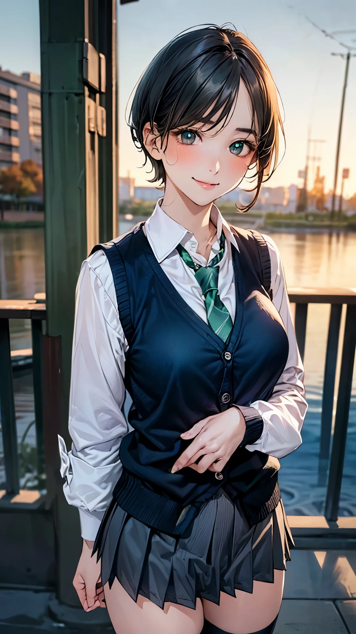 (masterpiece:1.2, top-quality), (realistic, photorealistic:1.4), beautiful illustration, (natural side lighting, movie lighting),
looking at viewer, cowboy shot, front view:0.6, 1 girl, japanese, high school girl, perfect face, cute and symmetrical face, shiny skin,
(short hair:1.7, straight hair:1.5, sidelocks, black hair), parted bangs, emerald green eyes, long eye lasher, (large breasts:0.9, thick thighs),
beautiful hair, beautiful face, beautiful detailed eyes, beautiful clavicle, beautiful body, beautiful chest, beautiful thigh, beautiful legs, beautiful fingers,
((white long sleeve collared shirts, grey pleated mini skirt, navy socks, brown loafers, dark green tie, black cardigan vest)), pink panties,
(beautiful scenery), evening, riverside, walking, hands on chest, (lovely smile, upper eyes),