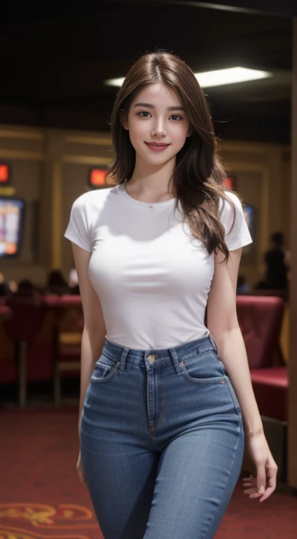 10, Masterpiece, RAW image, best quality, photorealistic, Very detailed CG Unity 8K wallpaper, depth of field, movie theater light, lens flare, Ray tracing, (very beautiful face..... , beautiful lips, beautiful eyes), complex facial details, ((ultra-detailed skin)) 1 girl, in the dark, deep shadow, beautiful girl, (The body is very slender. :1.3), ((looking at the audience)),(Big smile:1.3), Clear eyes, front shot, (pale skin), (Look very far ahead. , (upper body shot), (Brown cooked for the audience.......:1.3), Very thin, Medium bust, thick thighs, Drawstring stockings, scenery vegas america ,(Random clothes: t-shirt,Jeans, Short legs, Long legs), (Environment in the casino gaming room,),