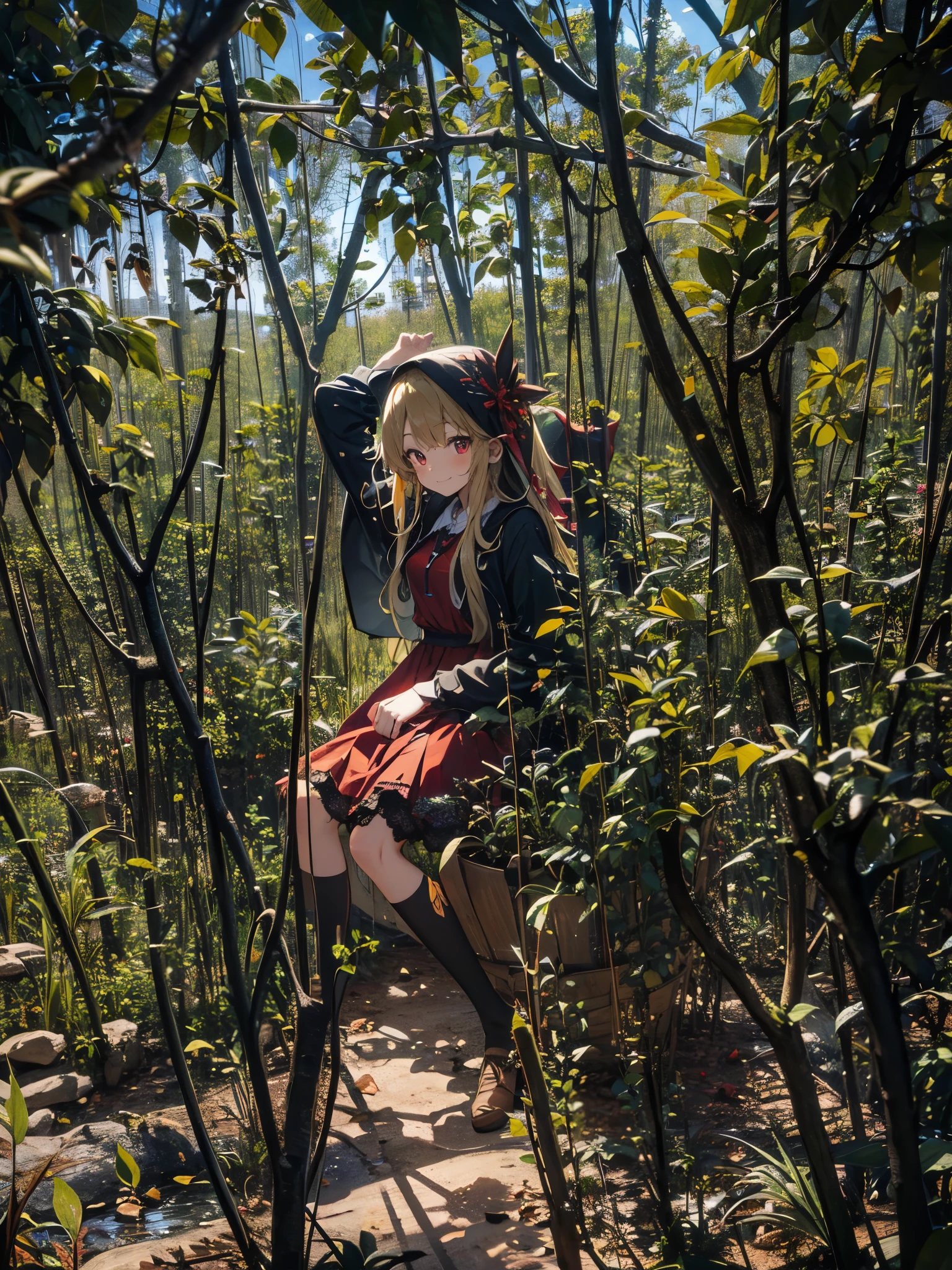 goblin, multiple girls,beautiful face, smile, red eyes, sitting,red dress, green hair, looking at the viewer, blonde long hair,gold eyes,shirt, skirt, window,Tea picking、harvest、おTea picking、collection