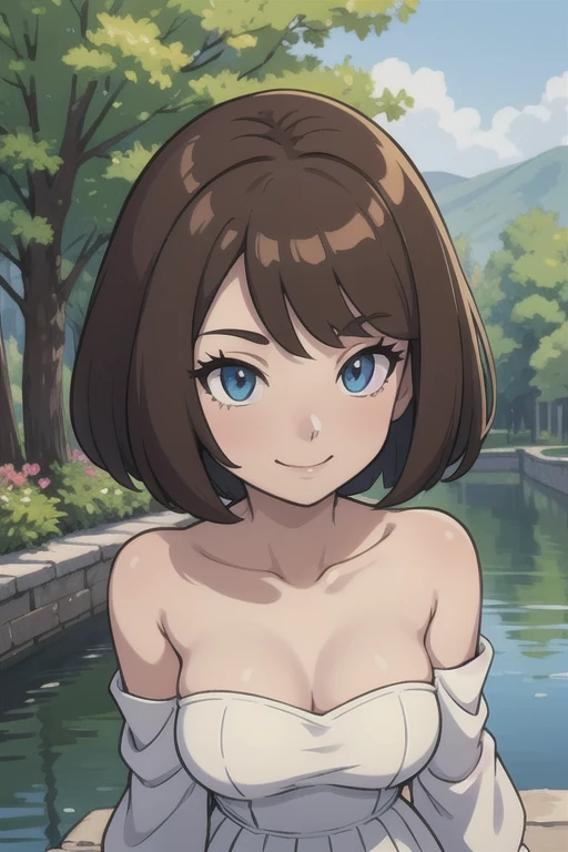 Bianca (pokemon heroes), brown hair, bob cut, medium hair, blue eyes, soft skin, smile, white dress, off shoulders, close-up-view, intricate details, sharp focus, high resolution, the background of beautiful flower park with trees and canals, beautiful sunny day, anime, masterpiece, very high resolution.