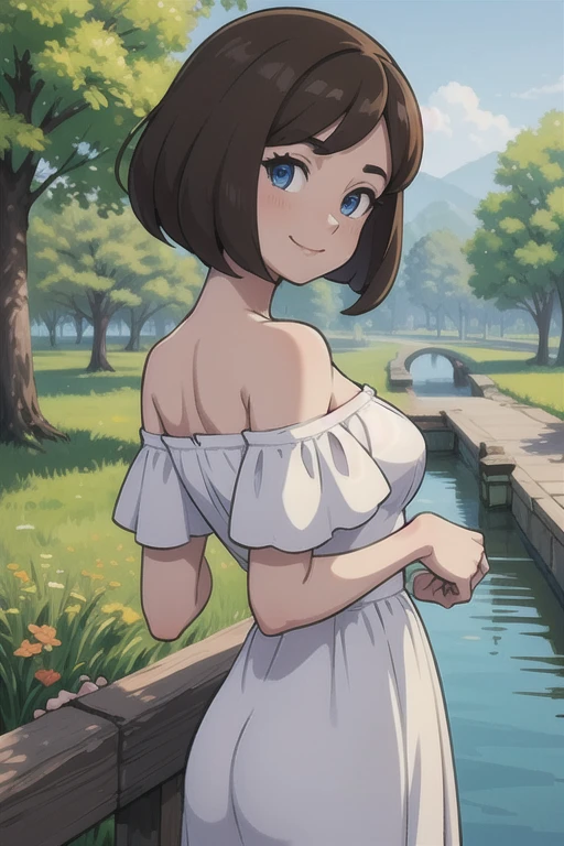 Bianca (pokemon heroes), brown hair, bob cut, medium hair, blue eyes, soft skin, smile, white dress, off shoulders, close-up-view, intricate details, sharp focus, high resolution, the background of beautiful flower park with trees and canals, beautiful sunny day, anime, masterpiece,  very high resolution.