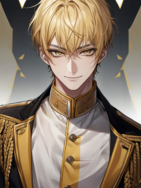 extremely detailed, 1 man, solo, perfect face, pretty face, highly detailed face,yellow short hair, yellow eyebrows、Handsome man with expressive eyes, smiling, yellow eyes、(((uniform)))、Huangze Ryota、(muste piece), (best quality)