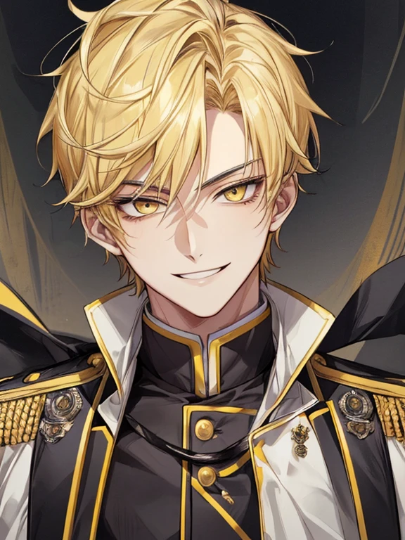 extremely detailed, 1 man, solo, perfect face, pretty face, highly detailed face,yellow short hair, yellow eyebrows、Handsome man with expressive eyes, smiling, yellow eyes、(((uniform)))、Huangze Ryota、(muste piece), (best quality)