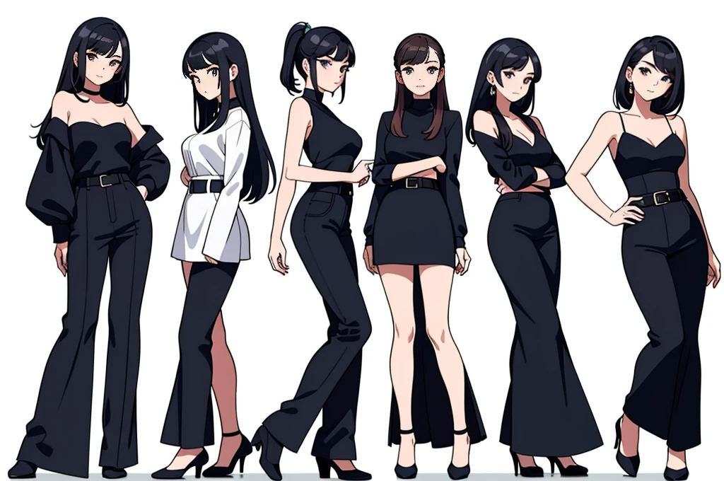 (((Best Quality))) , ((full body)), female, multiple views, (((white background))), variety of hairstyles, variety of fashion styles, seductive pose, fashionable and trendy atmosphere,