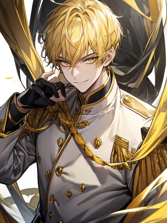 extremely detailed, 1 man, solo, perfect face, pretty face, highly detailed face,yellow short hair, yellow eyebrows、Handsome man with expressive eyes, smiling, yellow eyes、(((uniform)))、Huangze Ryota、(muste piece), (best quality)