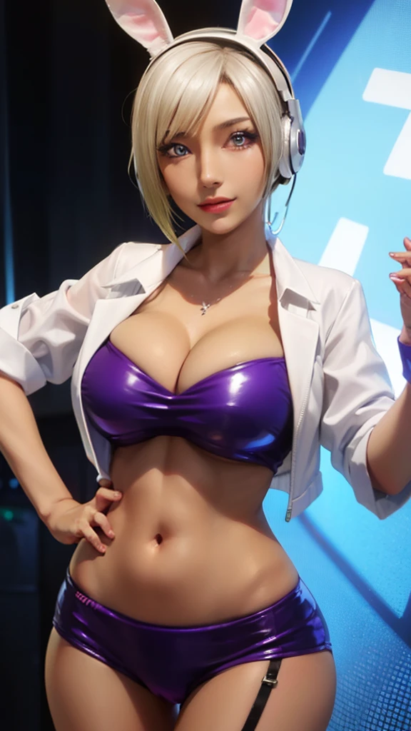 Overwatch,Cyberpunk Nightclub,tattoo,Orange and silver plug suit,White Short Sleeve Pilot Top,Orange Lycra Micro Shorts,garter belt,Uncovered belly,short hair,cute makeup,green eyes,Dimension Golden Hair,sexy smile,beautiful girl,big breasts,8K,Super detailed, realistic,fantasy art,DJ Uniforms,ear piercing,Punk costumes,Saiyan Girl,Saiyan Woman,White Short Sleeve Punk Jacket,Bunny Headphones,dj mixer, Big speakers,dancing,bunny suit,White Bunny Tail,