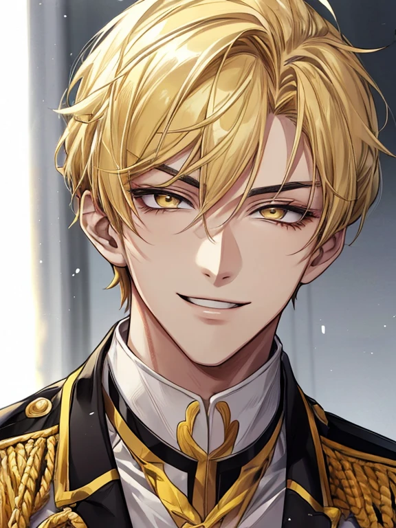 extremely detailed, 1 man, solo, perfect face, pretty face, highly detailed face,yellow short hair, yellow eyebrows、Handsome man with expressive eyes, smiling, yellow eyes、(((uniform)))、Huangze Ryota、(muste piece), (best quality)
