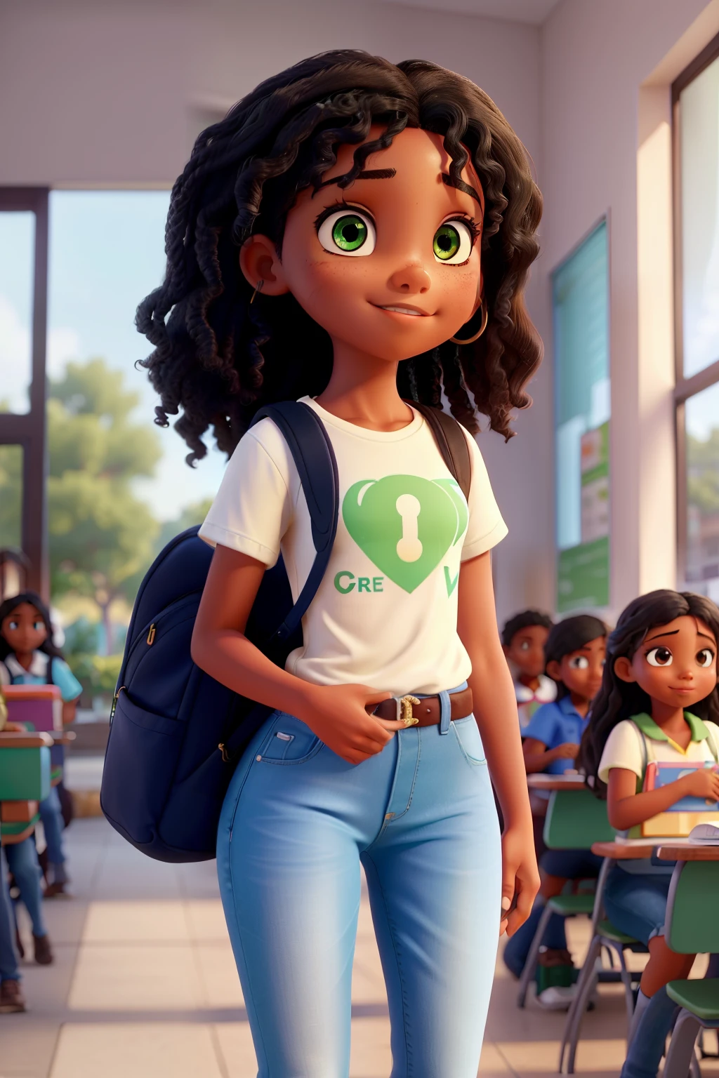 A Brazilian girl, with perfect black skin, gleaming brown and wavy hair, and bright green eyes, is captured in 8k, UHD, maximum quality photography. She is seen dressed in blue jeans and a white t-shirt, her posture exuding confidence and joy. In her hands, she holds a blue backpack filled with school supplies, while the background reveals the bustling environment of her school. The picture portrays her in the fullness of her youth and beauty, a true masterpiece.