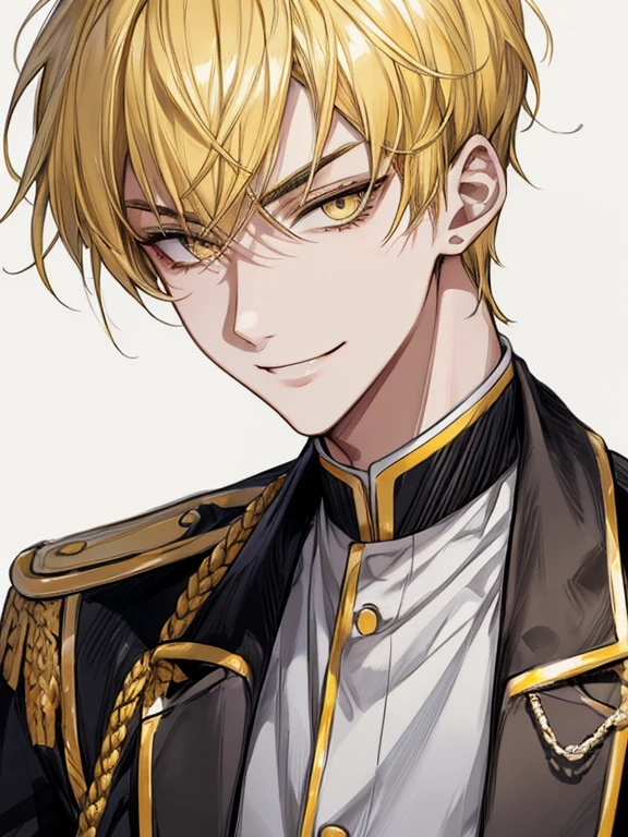 extremely detailed, 1 man, solo, perfect face, pretty face, highly detailed face,yellow short hair, yellow eyebrows、Handsome man with expressive eyes, smiling, yellow eyes、(((uniform)))、Huangze Ryota、(muste piece), (best quality)