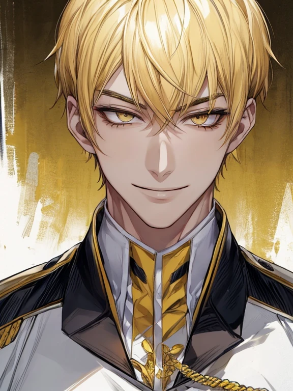 extremely detailed, 1 man, solo, perfect face, pretty face, highly detailed face,yellow short hair, yellow eyebrows、Handsome man with expressive eyes, smiling, yellow eyes、(((uniform)))、Huangze Ryota、(muste piece), (best quality)