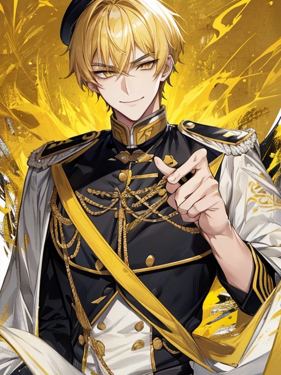 extremely detailed, 1 man, solo, perfect face, pretty face, highly detailed face,yellow short hair, yellow eyebrows、Handsome man with expressive eyes, smiling, yellow eyes、(((uniform)))、Huangze Ryota、(muste piece), (best quality)