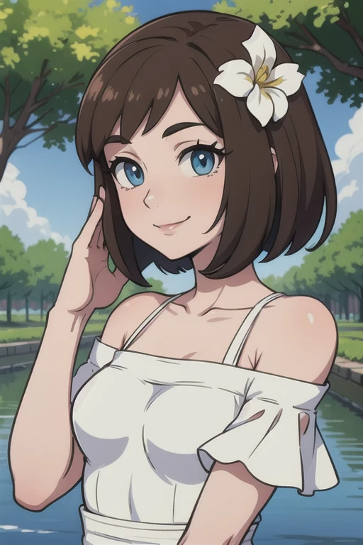 Bianca (pokemon heroes), brown hair, bob cut, medium hair, blue eyes, soft skin, smile, white dress, off shoulders, close-up-view, intricate details, sharp focus, high resolution, the background of beautiful flower park with trees and canals, beautiful sunny day, anime, masterpiece, very high resolution.