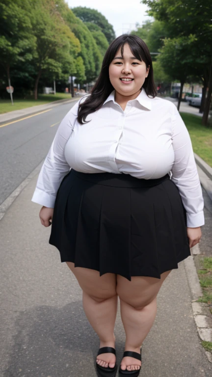 realistic depiction、super obeseのjapanese woman、super obese、super big breasts、Weight 300kg、very fat woman、Fat woman wearing a white collared shirt、black bra、japanese woman、laughter、Tight Skirt、outdoor、a bit、little woman、His height is only 145cm、Cute with short legs GoPro camera, super obese, gigantic tits, monster butts, plain underwear, daytime,