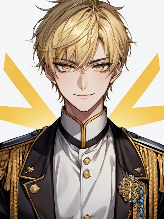 extremely detailed, 1 man, solo, perfect face, pretty face, highly detailed face，yellow short hair, yellow eyebrows、Handsome man with expressive eyes, smiling, yellow eyes、(((uniform)))、Huangze Ryota、(muste piece), (best quality)