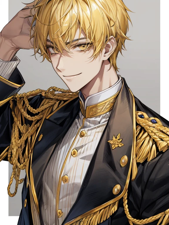 extremely detailed, 1 man, solo, perfect face, pretty face, highly detailed face,yellow short hair, yellow eyebrows、Handsome man with expressive eyes, smiling, yellow eyes、(((uniform)))、Huangze Ryota、(muste piece), (best quality)