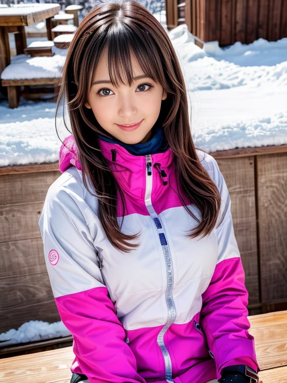 very detailed、masterpiece、(8K,table top, RAW photo,highest quality:1.4),(photo-realistic:1.2),(extremely detailed face),(shiny skin),(fine skin),(detailed face),(very beautiful face), 1 girl,looking at the viewer,japanese idol(actress), brown hair,medium hair,straight hair,asymmetrical bangs,smile,Glamour,big breasts, Wearing ski wear, ski pants and ski gloves, At the snowy ski resort,High position,Natural light