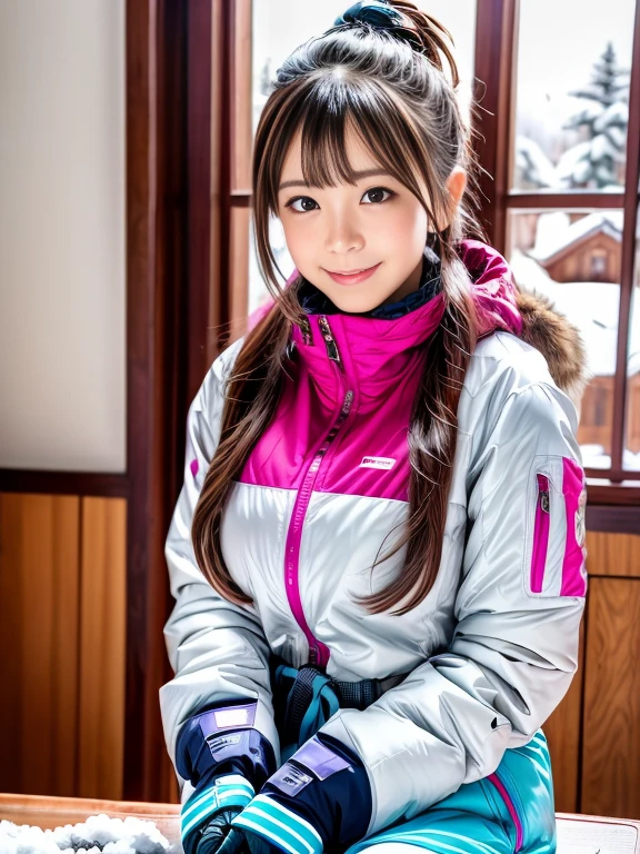 very detailed、masterpiece、(8K,table top, RAW photo,highest quality:1.4),(photo-realistic:1.2),(extremely detailed face),(shiny skin),(fine skin),(detailed face),(very beautiful face), 1 girl,looking at the viewer,japanese idol(actress), brown hair,medium hair,straight hair,asymmetrical bangs,smile,Glamour,big breasts, Wearing ski wear, ski pants and ski gloves, At the snowy ski resort,High position,Natural light