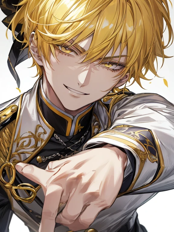 extremely detailed, 1 man, solo, perfect face, pretty face, highly detailed face,yellow short hair, yellow eyebrows、Handsome man with expressive eyes, smiling, yellow eyes、(((uniform)))、Huangze Ryota、(muste piece), (best quality)