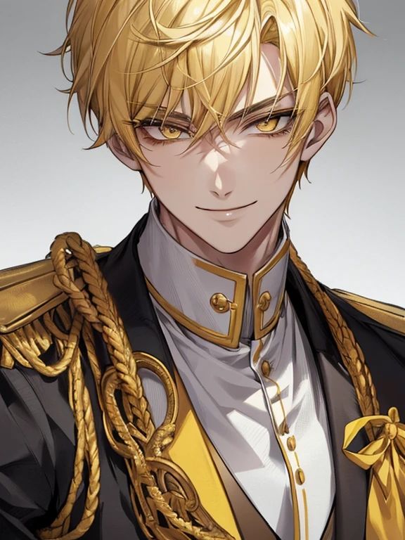 extremely detailed, 1 man, solo, perfect face, pretty face, highly detailed face,yellow short hair, yellow eyebrows、Handsome man with expressive eyes, smiling, yellow eyes、(((uniform)))、Huangze Ryota、(muste piece), (best quality)