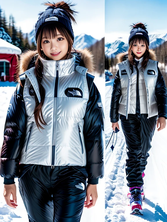 very detailed、masterpiece、Ski Resort Background、a woman in a (white down vest at northface):1.4, white puffer vest and black pants posing for a picture, model is wearing techtical vest, sportswear, sportswear, かわいいsportswear, nanocarbon-vest, white!!, white coat, tech wear women pictures, 2 techwear women, catalog photo, stylish coat for rave, full body photo, future inflatable jacket, Miko, Kim Woo