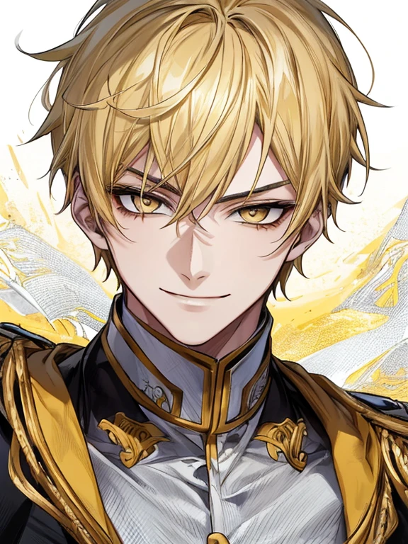 extremely detailed, 1 man, solo, perfect face, pretty face, highly detailed face，yellow short hair, yellow eyebrows、Handsome man with expressive eyes, smiling, yellow eyes、(((uniform)))、Huangze Ryota、(muste piece), (best quality)