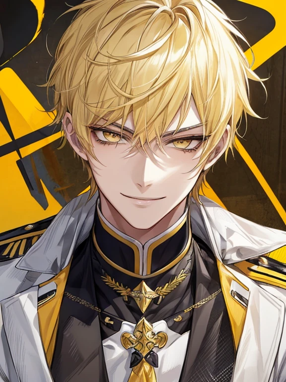 extremely detailed, 1 man, solo, perfect face, pretty face, highly detailed face,yellow short hair, yellow eyebrows、Handsome man with expressive eyes, smiling, yellow eyes、(((uniform)))、Huangze Ryota、(muste piece), (best quality)