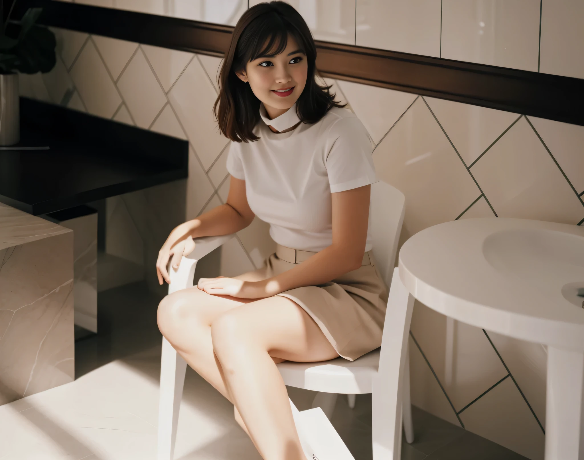there is a woman sitting on a chair in a bathroom, pernas cruzadas, Sentado em um banheiro, vestindo uma saia curta bege, camiseta branca com gola. Uma mulher com pele branca e cabelos escuros. Ela tem trinta anos. Seu vermelho, slightly plump lips are like a delicate flower, e ela grande, olhos encantadores parecem conter um mundo de maravilhas. Ela tem 30 anos. Ela tem 162 cm de altura e seu corpo pesa 56 kg. Your body exudes glamor and your face is the definition of beauty. pernas bem torneadas. Altamente realista, pele avermelhada, beautiful lips, sorriso, feeling of lightness and joy, hiperrealismo, pele muito elaborada, olhar direto, trabalho de arte, Foto de alta qualidade, high resolution, 8k.