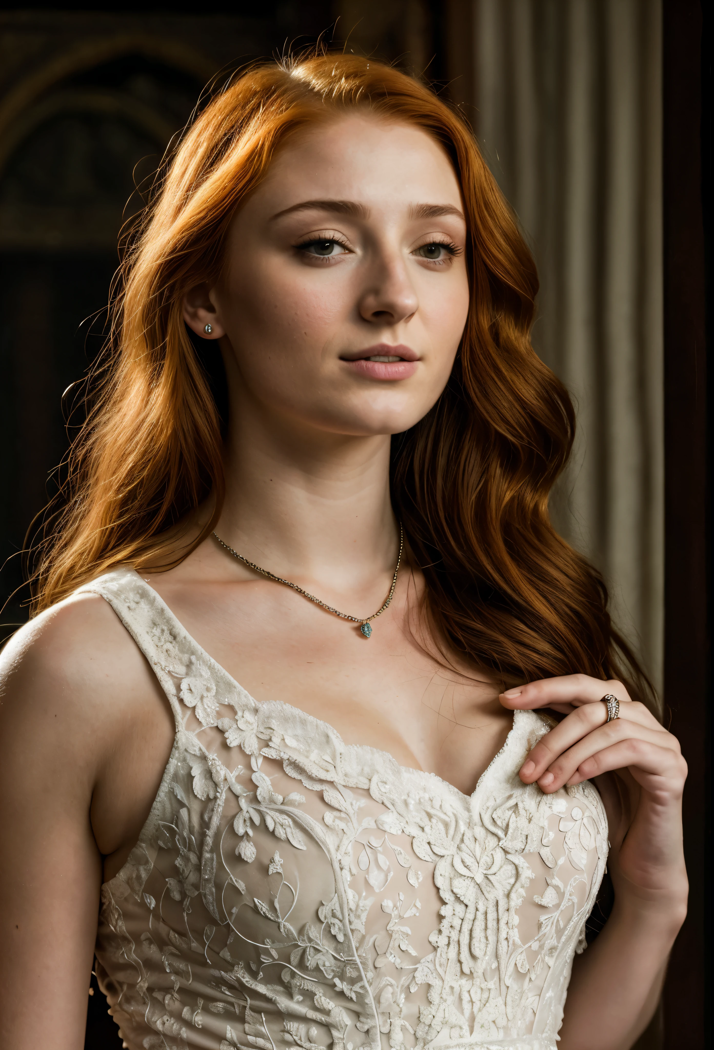 Foto RAW, Sansa Stark PLAYED BY SOPHIE TURNER Ned and Cat's oldest daughter. Demure and ladylike, her dream to marry Prince Joffrey. Her direwolf named Lady , Game of Thrones Series, (pele altamente detalhada: 1.2), 8k UHD, DSLR, soft-lighting, alta qualidade, grain of film, Fujifilm XT3