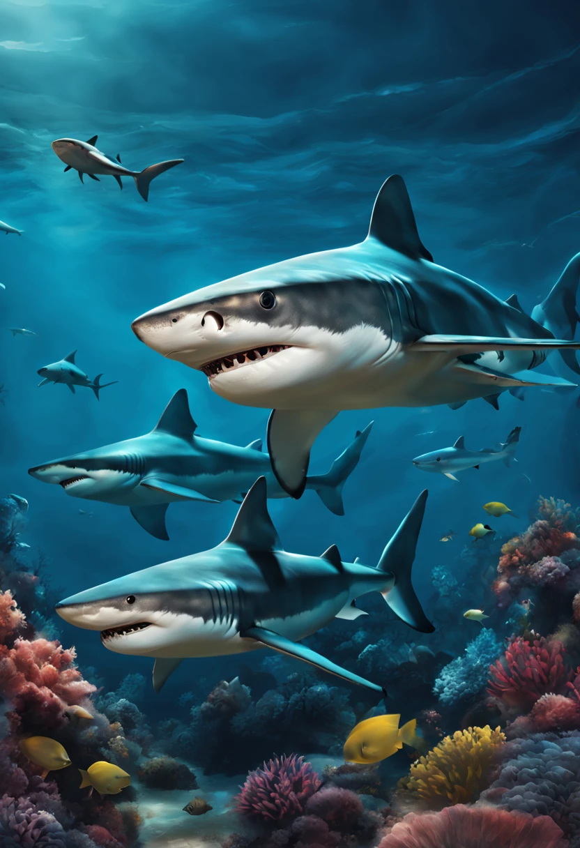 Create a vibrant dark fantasy photorealistic rendering of cute sharks in a clean, minimalist style, Very detailed cleaning, vector image,
lifelike masterpiece, Professional photography, Undersea Fantasy Landscape HD Masterpiece Art