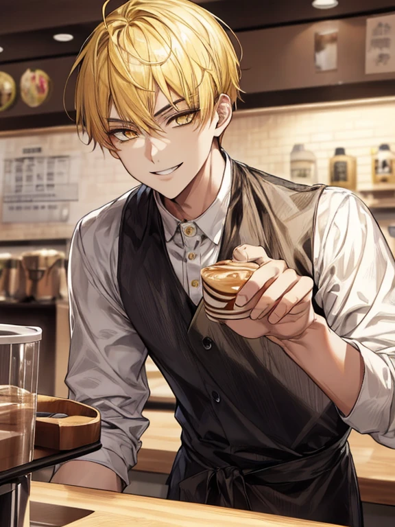 extremely detailed, 1 man, solo, perfect face, pretty face, highly detailed face，yellow short hair, yellow eyebrows、Handsome man with expressive eyes, smiling, yellow eyes、(((barista)))、Huangze Ryota、(muste piece), (best quality)