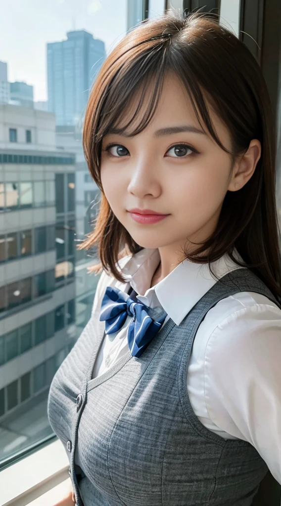 1 girl, mature woman, vest, bow, photograph, realistic, highest quality, hire, detailed face, office, building from the window, detailed background, diffused sunlight, Depth of bounds written, Bokeh